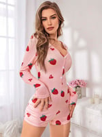 Kadın Pembe Çilek Desenli Pijama Tulumu 5125