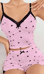 Kadın Pembe Kalp Desenli Askılı Şortlu Pijama Takım 5013
