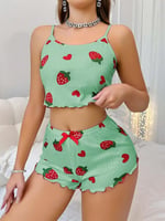 Kadın Yeşil Çilek desenli Şortlu Pijama Takımı 5060