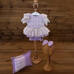 Lila Dantel Yenidoğan Fotoğraf Çekim Seti – 4 Parça (Elbise, Külot, Yastık, Bandana)