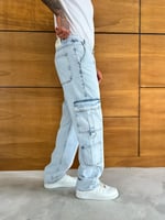 Buz Mavi Çift Kargo Cep Baggy Pantolon