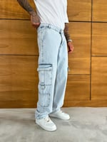 Buz Mavi Çift Kargo Cep Baggy Pantolon