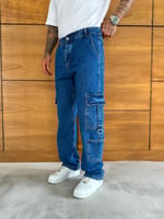 Mavi Çift Kargo Cep Baggy Pantolon