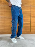 Mavi Çift Kargo Cep Baggy Pantolon