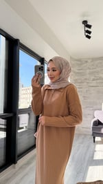Fermuarlı Elbise Camel