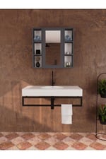 Yağmur Lavabo Üstü Aynalı Dolap, Tek Kapaklı Çift Taraflı Raflı Aynalı Banyo Dolabı - Antrasit