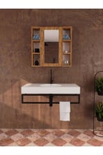 Yağmur Lavabo Üstü Aynalı Dolap, Tek Kapaklı Çift Taraflı Raflı Aynalı Banyo Dolabı - Atlantik Çam