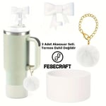 Stanley Quencher 30 - 40 Oz 3'lü Beyaz Aksesuar Fiyonk Tıpa Charm Peluş Taban Koruyucu Silikon Set