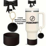 Stanley Quencher 30 - 40 Oz 3'lü Siyah Aksesuar Fiyonk Tıpa Charm Peluş Taban Koruyucu Silikon Set