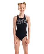 GIRL'S ARENA GRAPHIC SWIMSUIT V BACK BLACK-WHITE KIZ ÇOCUK YÜZÜCÜ MAYOSU