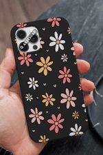 İphone Uyumlu Renkli Çiçekler Tasarımlı Premium Telefon Kılıfı Siyah (Model Seçiniz)