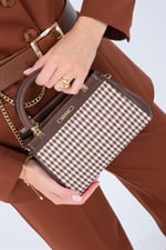 Silver & Polo SP1193 Kadın El Çantası Ekose Line Kare Kahve Sarı-Kahve