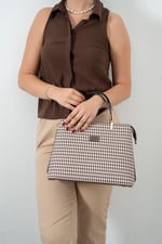Silver & Polo SP924 Kadın El Çantası Ekose Line Kare Kahve Sarı-Kahve