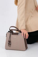 Silver & Polo SP969 Kadın El Çantası Ekose Line Kare Kahve Sarı-Kahve