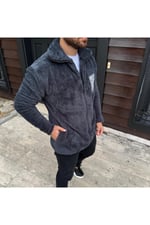 Erkek Bej Peluş Fermuarlı Dik Yaka Nakış Detaylı Regular Fit Wersoft Polar Kumaş