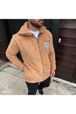 Erkek Bej Peluş Fermuarlı Dik Yaka Nakış Detaylı Regular Fit Wersoft Polar Kumaş