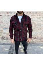 Erkek Relax Fit Rahat Kesim Çift Cep Düğmeli Kareli Gömlek Yaka Kışlık Oduncu Gömlek