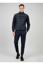 Lacivert Dik Yaka Fermuarlı Cep Paraşüt Kumaş Nakış Detaylı 2 İplik Eşofman Takım