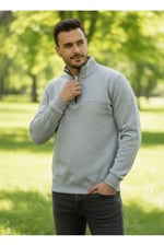 Unisex Relax Fit Rahat Kesim Pamuklu İçi Polarlı 3 İplik Yarım Fermuarlı Dik Yaka Sweatshirt