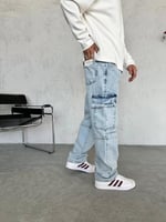 Yıkama Kot Şerit Kargo Cep Baggy Pantolon