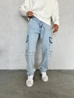 Yıkama Kot Şerit Kargo Cep Baggy Pantolon
