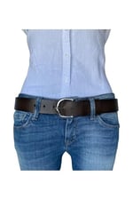%100 Hakiki Deri, Gümüş Tokalı Koyu Kahverengi Kadın Kot, Spor Kemer 4 cm; KoKa-byn-45