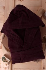 %100 Pamuklu Kapşonlu Pike Bornoz BORDO 3XL