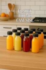 12 Adet 100 ml Kilitli Siyah Kapaklı Şeffaf Detox Shot Şişesi 100 Cc Ginger Şat Beyaz Cam Şişe