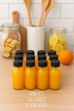 12 Adet 100 ml Kilitli Siyah Kapaklı Şeffaf Detox Shot Şişesi 100 Cc Ginger Şat Beyaz Cam Şişe