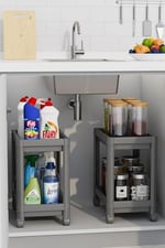 2 Katlı Tekerlekli Düzenleyici Raf Mutfak Tezgah & Evye Altı Dolap İçi Organizer, Banyo Deterjanlık ve Şampuanlık, Çok Amaçlı Taşınabilir Sebzelik, Modern Dekoratif Mutfak Raf Ünitesi (GRİ)