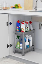 2 Katlı Tekerlekli Düzenleyici Raf Mutfak Tezgah & Evye Altı Dolap İçi Organizer, Banyo Deterjanlık ve Şampuanlık, Çok Amaçlı Taşınabilir Sebzelik, Modern Dekoratif Mutfak Raf Ünitesi (GRİ)