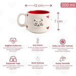 2'li El Yapımı Seramik Kupa Seti, Kedi Desenli Kalp Motifli Stoneware Mug, 200 ml, Kırmızı İçli Doğal Seramik, Çay Kahve Bardağı, Kedi Severlere Hediye (PEMBE) (Kırmızı)