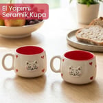 2'li El Yapımı Seramik Kupa Seti, Kedi Desenli Kalp Motifli Stoneware Mug, 200 ml, Kırmızı İçli Doğal Seramik, Çay Kahve Bardağı, Kedi Severlere Hediye (PEMBE) (Kırmızı)