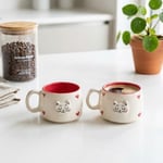 2'li El Yapımı Seramik Kupa Seti, Kedi Desenli Kalp Motifli Stoneware Mug, 200 ml, Kırmızı İçli Doğal Seramik, Çay Kahve Bardağı, Kedi Severlere Hediye (PEMBE) (Kırmızı)