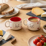 2'li El Yapımı Seramik Kupa Seti, Kedi Desenli Kalp Motifli Stoneware Mug, 200 ml, Kırmızı İçli Doğal Seramik, Çay Kahve Bardağı, Kedi Severlere Hediye (PEMBE) (Kırmızı)