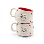 2'li El Yapımı Seramik Kupa Seti, Kedi Desenli Kalp Motifli Stoneware Mug, 200 ml, Kırmızı İçli Doğal Seramik, Çay Kahve Bardağı, Kedi Severlere Hediye (PEMBE) (Kırmızı)