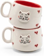 2'li El Yapımı Seramik Kupa Seti, Kedi Desenli Kalp Motifli Stoneware Mug, 200 ml, Kırmızı İçli Doğal Seramik, Çay Kahve Bardağı, Kedi Severlere Hediye (PEMBE) (Kırmızı)