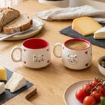 2'li El Yapımı Seramik Kupa Seti, Kedi Desenli Kalp Motifli Stoneware Mug, 200 ml, Kırmızı İçli Doğal Seramik, Çay Kahve Bardağı, Kedi Severlere Hediye (PEMBE) (Kırmızı)