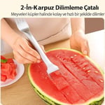 2'si 1 Arada Karpuz Dilimleyici ve Çatal, Paslanmaz Çelik, Ergonomik Saplı, Küp Kesim Özellikli