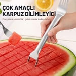 2'si 1 Arada Karpuz Dilimleyici ve Çatal, Paslanmaz Çelik, Ergonomik Saplı, Küp Kesim Özellikli