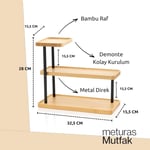 3 Katlı Bambu Mutfak Rafı, Metal Ayaklı, Doğal Bambu ve Siyah Renk, Modern Tasarım, 32.5x28x15.5 cm, Mutfak Düzenleyici, Tezgah Üstü Depolama Standı