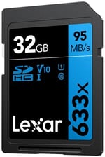 32GB Lexar Professional 633x SDHC UHS-I cards, up to 95MB/s read 20MB/s write C10 V10 U1