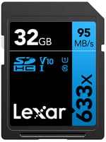 32GB Lexar Professional 633x SDHC UHS-I cards, up to 95MB/s read 20MB/s write C10 V10 U1