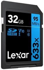 32GB Lexar Professional 633x SDHC UHS-I cards, up to 95MB/s read 20MB/s write C10 V10 U1