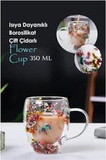 350 ml Isıya Dayanıklı Borosilikat Çift Çidarlı Flower Cup Bardak Çiçekli Kahve Sunum Bardağı