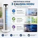 39 İnç Kule Tipi Vantilatör, Uzaktan Kumandalı, 45W Güçlü Motor, 3 Hız Kademesi, 3 Modlu, LED Dokunmatik Ekran, Salınımlı, Sessiz Çalışma, 7.5 Saat Zamanlayıcı, Beyaz