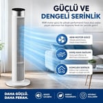 39 İnç Kule Tipi Vantilatör, Uzaktan Kumandalı, 45W Güçlü Motor, 3 Hız Kademesi, 3 Modlu, LED Dokunmatik Ekran, Salınımlı, Sessiz Çalışma, 7.5 Saat Zamanlayıcı, Beyaz