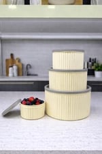 4 Lü Yuvarlak Saklama Kabı Seti Çizgili Desenli BPA İçermez 3 LT 1.8 LT 1 LT 0,55 LT Buzdolabı Düzenleyici Mikrodalga ve Derin Dondurucu Uyumlu BPA İçermez Sağlıklı Erzak Kabı (KREM YUVARLAK 4 LÜ SET)