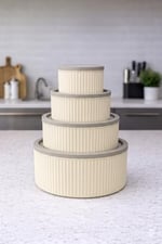 4 Lü Yuvarlak Saklama Kabı Seti Çizgili Desenli BPA İçermez 3 LT 1.8 LT 1 LT 0,55 LT Buzdolabı Düzenleyici Mikrodalga ve Derin Dondurucu Uyumlu BPA İçermez Sağlıklı Erzak Kabı (KREM YUVARLAK 4 LÜ SET)