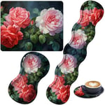 4'ü 1 arada Mouse Pad Combo, Oyun Mouse Pad + Klavye Bilek Desteği + Fare Bilek Desteği + Bardak Altlığı, Dikişli Kenarlı Masa Pedi Ergonomik Bilek Pedi Seti, Kırmızı ve Beyaz Şakayık